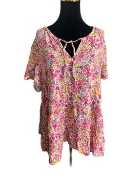 Terra & Sky Spring Floral Cotton Tie Neck Short Sleeve Tunic Top Pink Yellow 2X